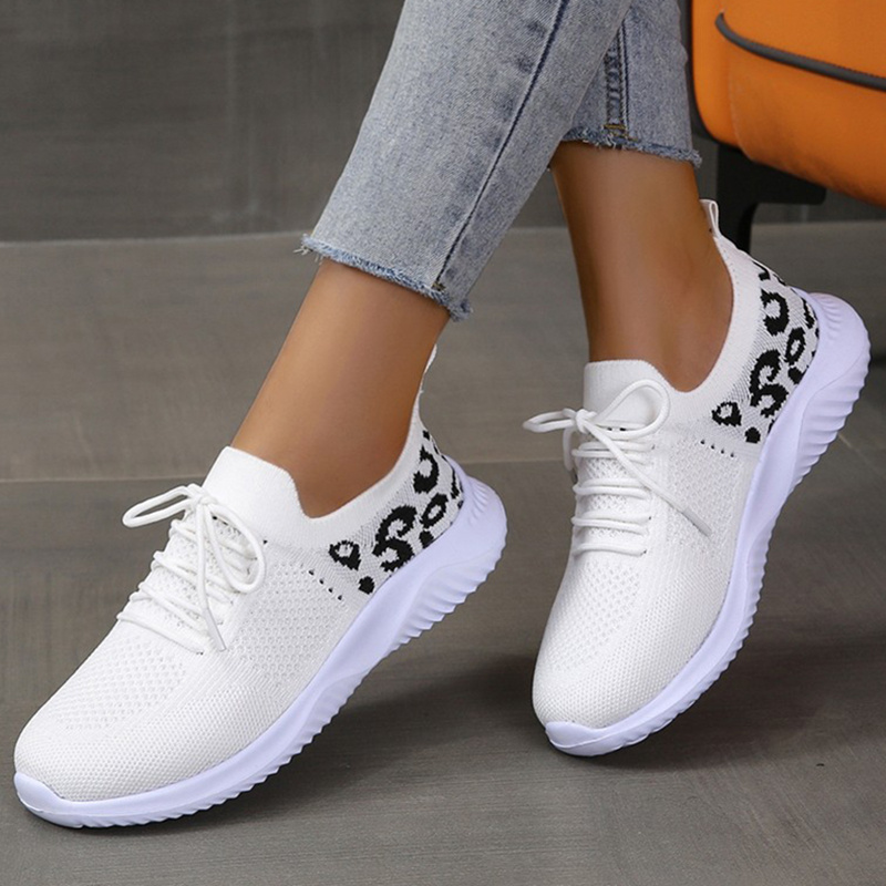 White Shoes Women Leopard Print Lace-up Sneakers Sports - Image 6