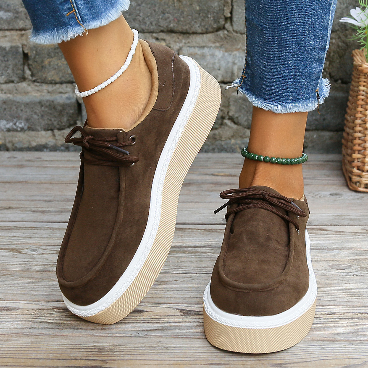 New Thick Bottom Lace-up Flats Women Solid Color Casual Fashion Lightweight Walking Sports Shoes - Image 3