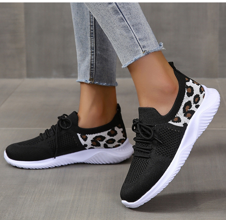White Shoes Women Leopard Print Lace-up Sneakers Sports - Image 2