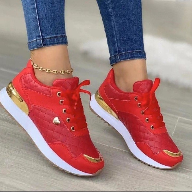Plaid Sneakers Women Patchwork Lace Up Shoes With Love Decor - Image 2