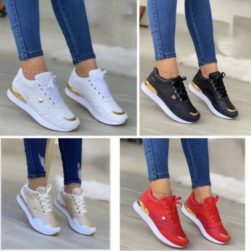 Plaid Sneakers Women Patchwork Lace Up Shoes With Love Decor - Image 5