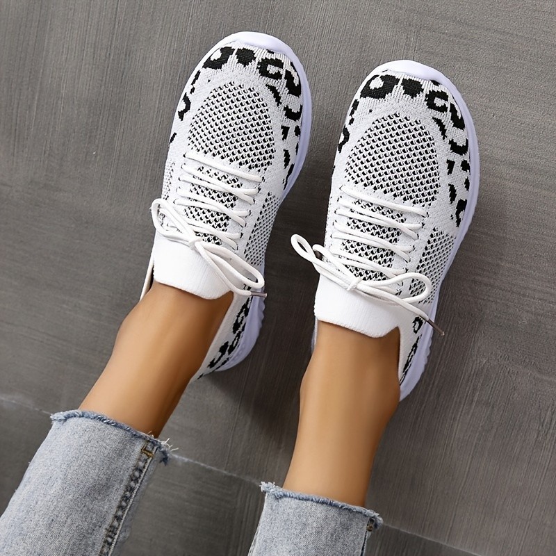 White Shoes Women Leopard Print Lace-up Sneakers Sports - Image 4