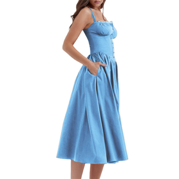 New Spring And Summer European And American Style Spaghetti Straps Chest Wrap Small Floral Solid Color Dress - Image 4