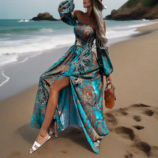 Women's Strapless Off-Shoulder Long Sleeve A-Line Dress - Bohemian Beach Maxi Dress With High Slit For Summer Vacation - Image 5