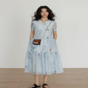 Embroidered Crew Neck Short Sleeve Slimming Waist Temperament Long Dress