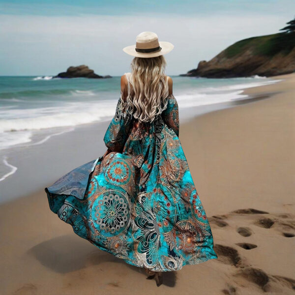 Women's Strapless Off-Shoulder Long Sleeve A-Line Dress - Bohemian Beach Maxi Dress With High Slit For Summer Vacation - Image 4