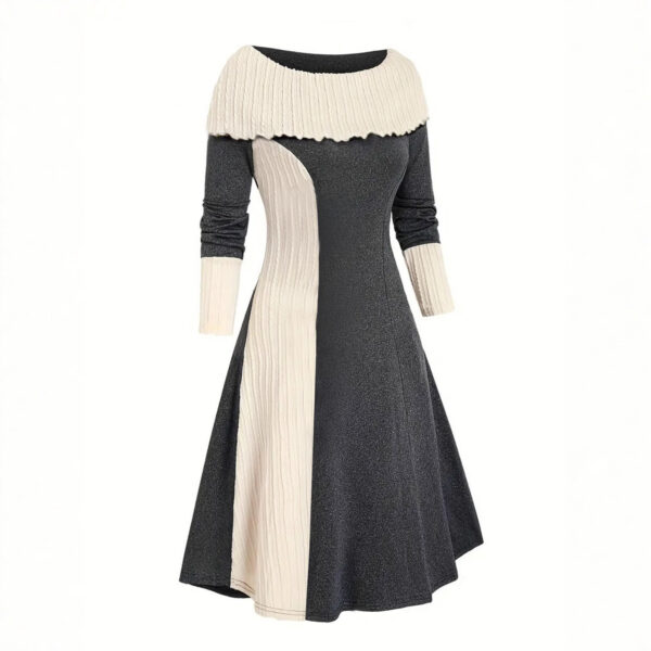 Elegant Scoop Cuffed Long Sleeve Knitted Color-matching Dress - Image 2