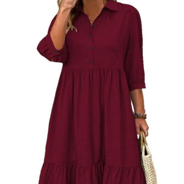 Solid Color Polo Collar Elastic Cuff Loose Dress - Image 4
