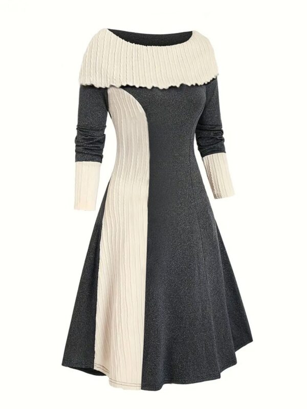 Elegant Scoop Cuffed Long Sleeve Knitted Color-matching Dress - Image 4