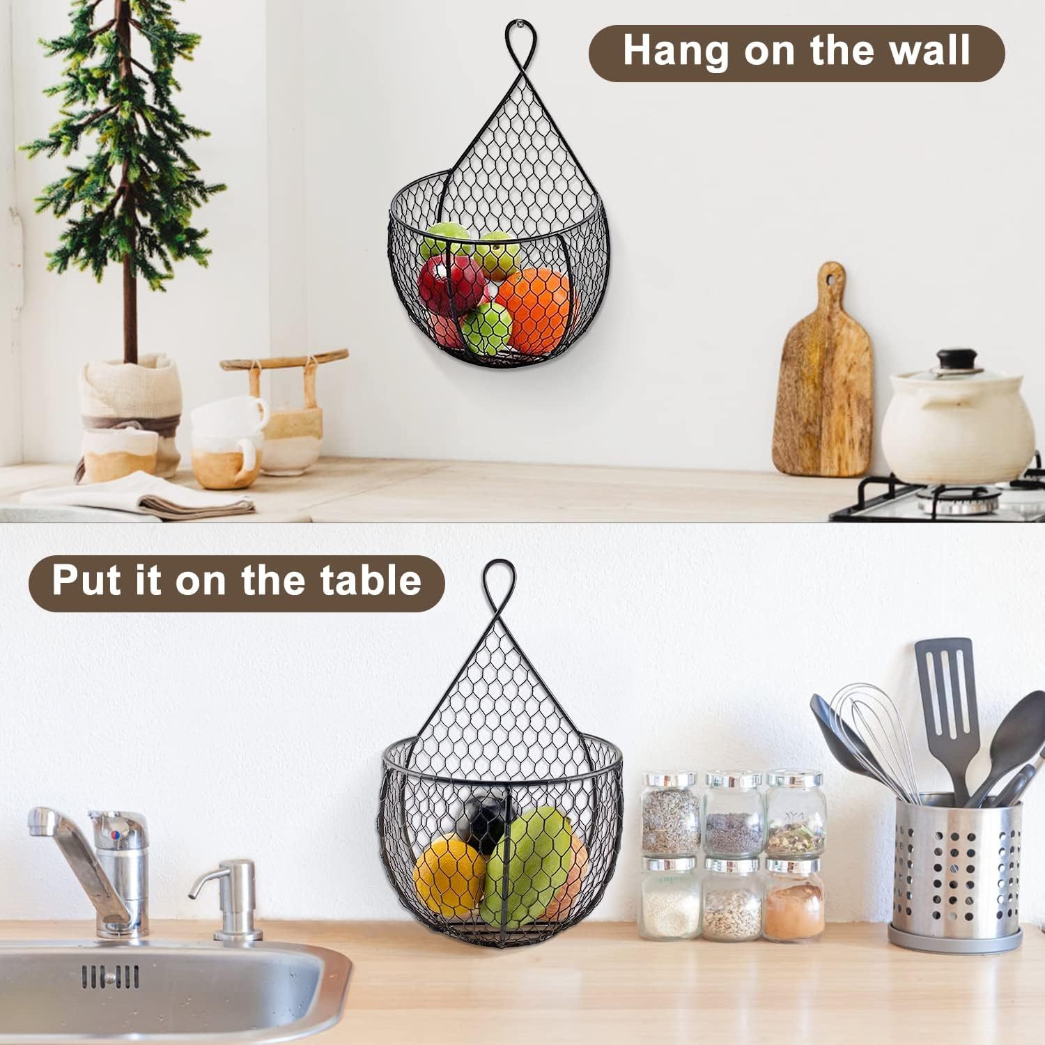 Set Of 3Metal Fruit And Vegetable Storage Hanging Basket Wall Mounted, Hanging Basket For Kitchen Black Wire Baskets For Flowers, Fruits And Veggies - Image 4