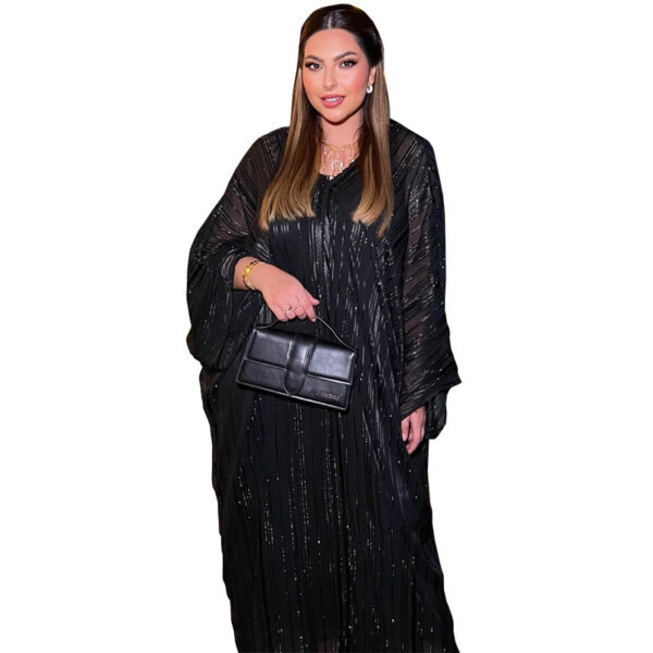 Muslim Abaya Fashion Dress Black Robe Shiny Figured Cloth Robe Two-piece Set - Image 8