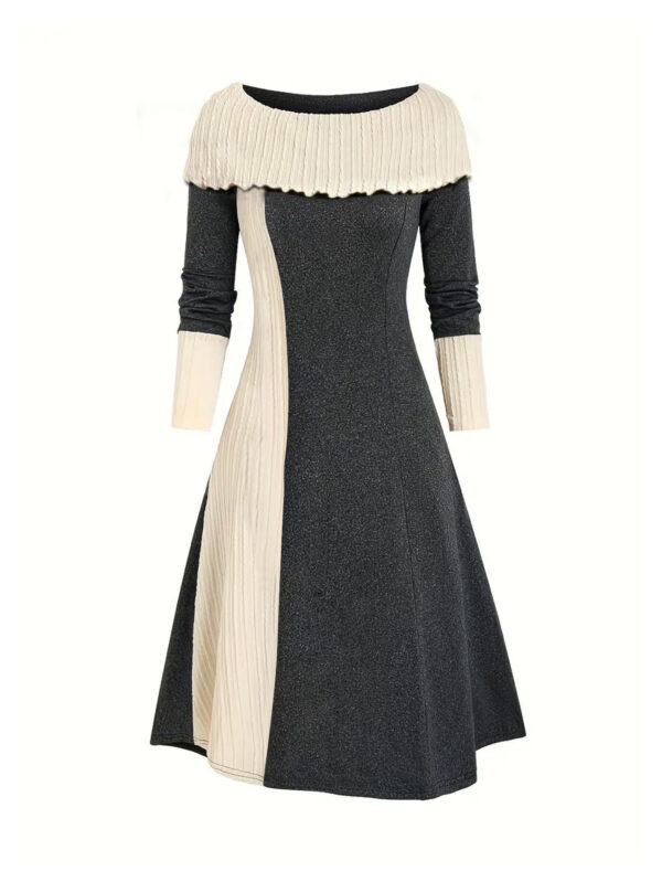 Elegant Scoop Cuffed Long Sleeve Knitted Color-matching Dress - Image 3