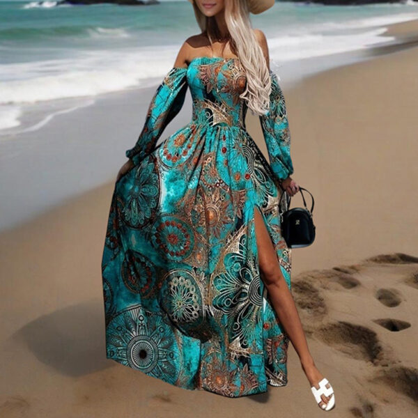 Women's Strapless Off-Shoulder Long Sleeve A-Line Dress - Bohemian Beach Maxi Dress With High Slit For Summer Vacation - Image 2