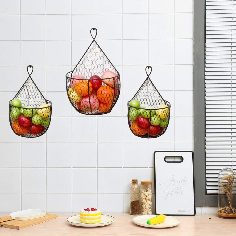 Set Of 3Metal Fruit And Vegetable Storage Hanging Basket Wall Mounted, Hanging Basket For Kitchen Black Wire Baskets For Flowers, Fruits And Veggies