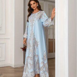 Elegant Floral Print Long Sleeve Abaya Dress