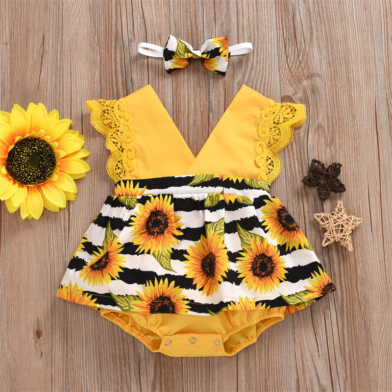 Summer Baby Girl Triangle Romper, Lace Wrapper For Newborn Baby, Sunflower Baby One-piece Romper - Image 4
