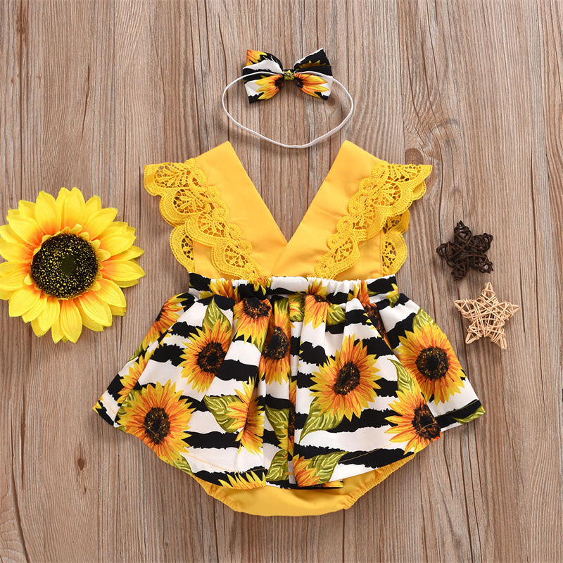 Summer Baby Girl Triangle Romper, Lace Wrapper For Newborn Baby, Sunflower Baby One-piece Romper - Image 3