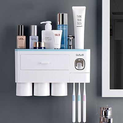 Non-marking Hanging Magnetic Toothbrush Holder Single Drawer Storage Rack With Toothpaste Squeezer Toiletry Set - Image 6