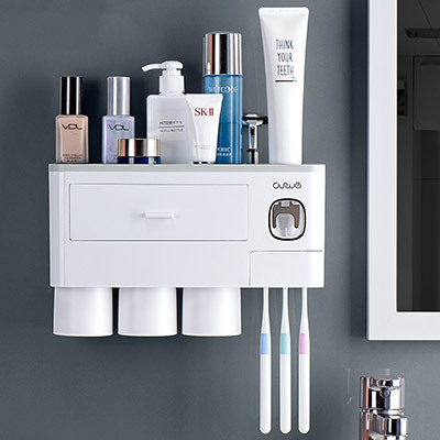 Non-marking Hanging Magnetic Toothbrush Holder Single Drawer Storage Rack With Toothpaste Squeezer Toiletry Set - Image 4
