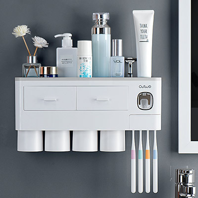 Non-marking Hanging Magnetic Toothbrush Holder Single Drawer Storage Rack With Toothpaste Squeezer Toiletry Set - Image 3