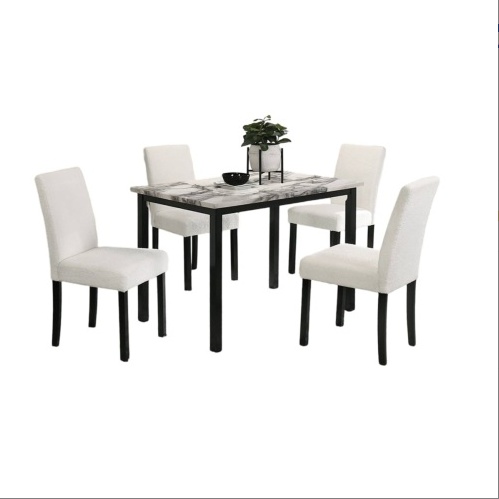 White Color Wool Fabric Chairs Faux Marble Top Table 5pc Dining Set Kitchen Dinette Cushions Upholstered 4x Chairs Dining Room - Image 2