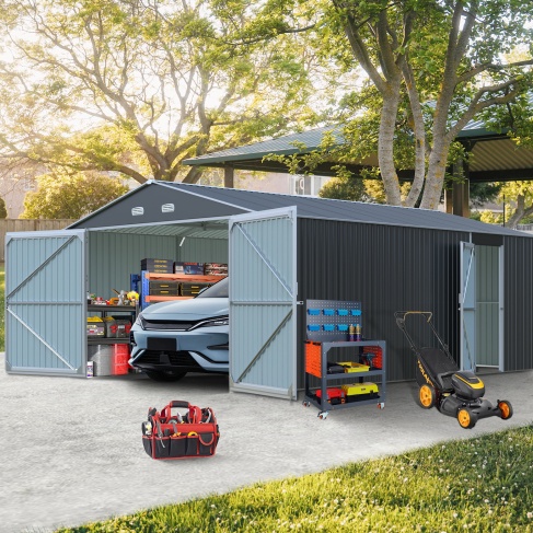 Spacious Outdoor Storage Shed This 13 20FT Outdoor Storage Shed Offers A Generous 250 Square Feet Of Floor Space, Perfect For Storing Trucks, Cars, Large Tools, And Lawn Equipment. With Double Front