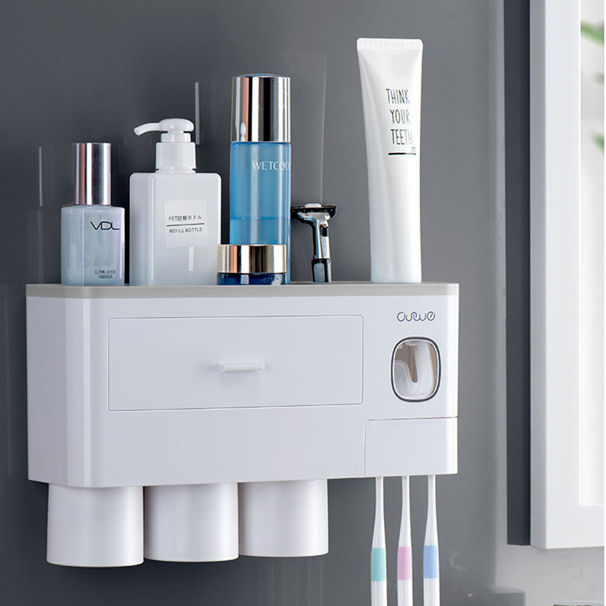 Non-marking Hanging Magnetic Toothbrush Holder Single Drawer Storage Rack With Toothpaste Squeezer Toiletry Set - Image 2