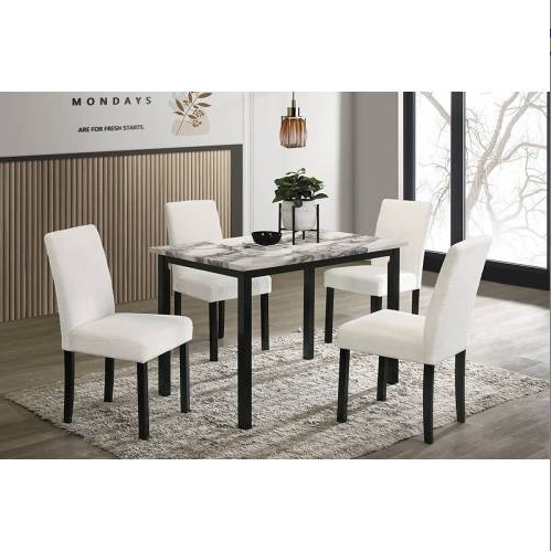 White Color Wool Fabric Chairs Faux Marble Top Table 5pc Dining Set Kitchen Dinette Cushions Upholstered 4x Chairs Dining Room - Image 3