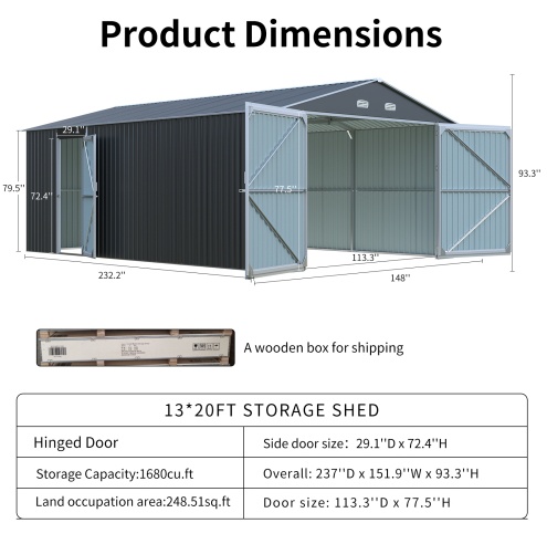 Spacious Outdoor Storage Shed This 13 20FT Outdoor Storage Shed Offers A Generous 250 Square Feet Of Floor Space, Perfect For Storing Trucks, Cars, Large Tools, And Lawn Equipment. With Double Front - Image 8